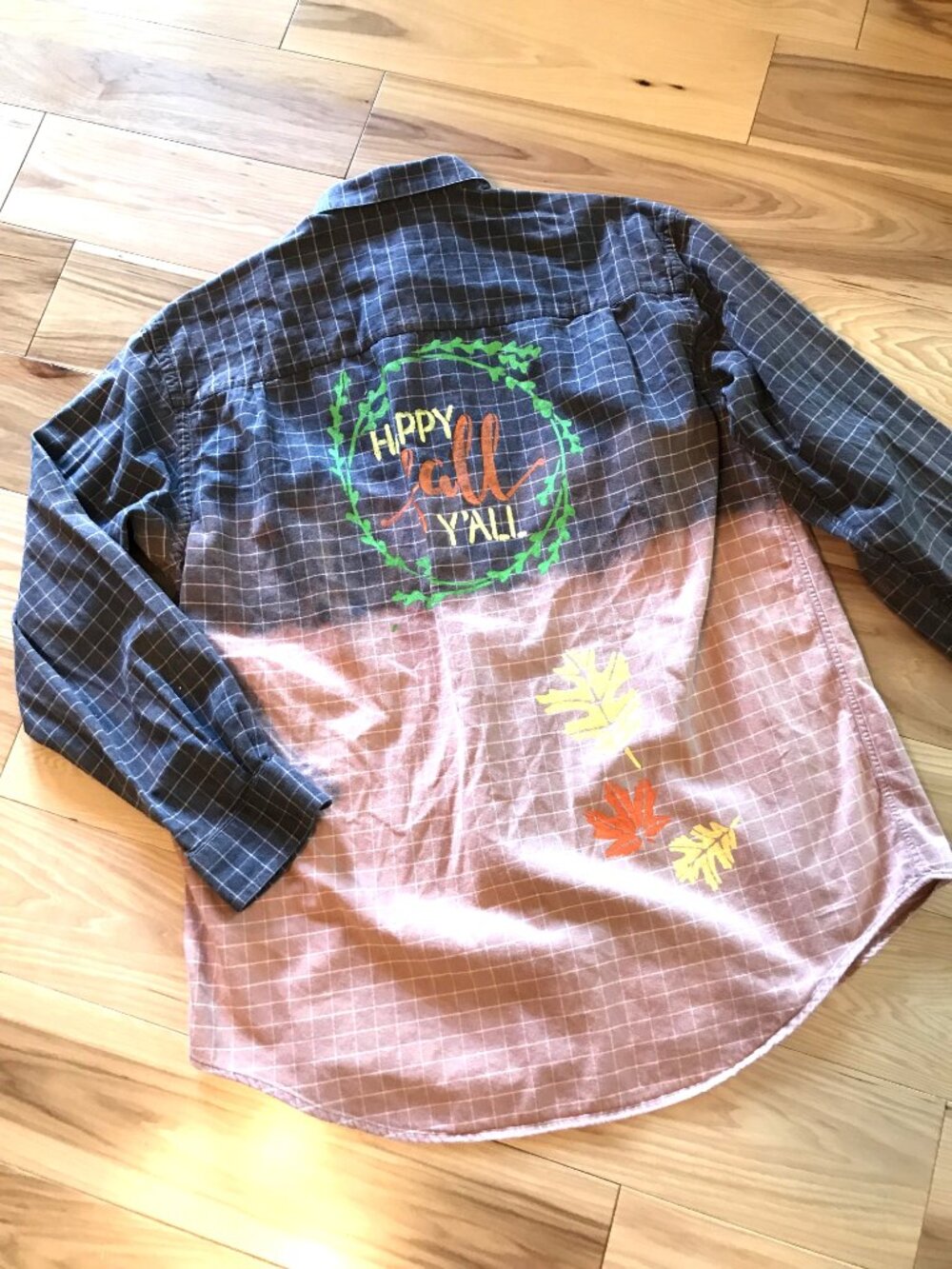 Bleached Flannel Painted Shirt Upcycled, Autumn Theme Fall Leaves Men's Medium